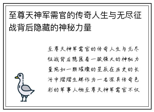 至尊天神军需官的传奇人生与无尽征战背后隐藏的神秘力量